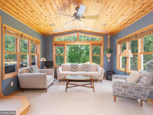 20108 Calgary Trl, Empire Twp, MN 55024 - living area featuring wood ceiling, lofted ceiling, carpet flooring, and ceiling fan