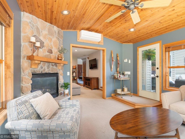 20108 Calgary Trl, Empire Twp, MN 55024 - living room with a wall mounted air conditioner, wood ceiling, carpet, ceiling fan, and recessed lighting