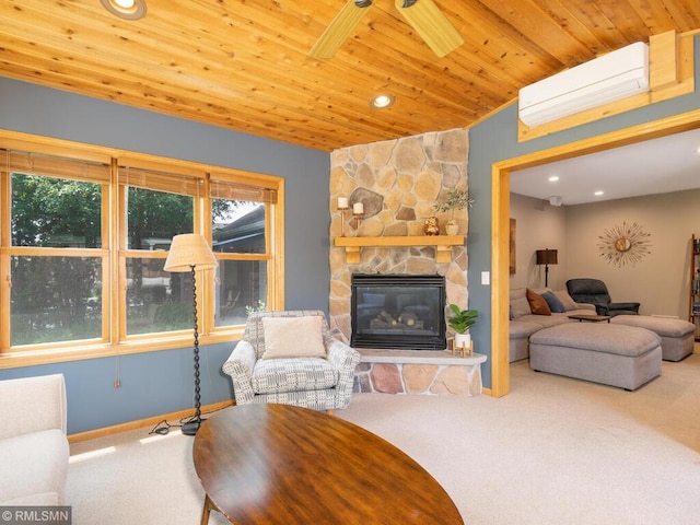 20108 Calgary Trl, Empire Twp, MN 55024 - living area featuring carpet flooring, a fireplace, an AC wall unit, wood ceiling, and recessed lighting