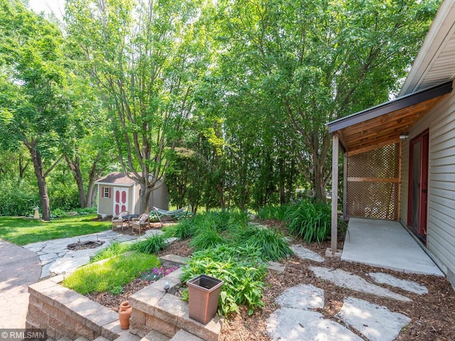 20108 Calgary Trl, Empire Twp, MN 55024 - view of yard with a shed, a patio, and a fire pit