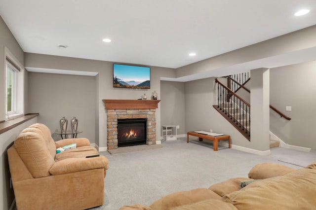 11950 75th St NE, Otsego, MN 55301 - carpeted living area with recessed lighting, a stone fireplace, and stairway
