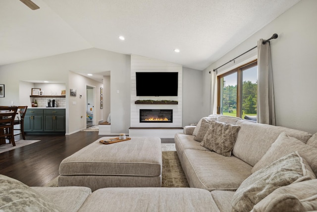 17561 Denkbar Loop, Park Rapids, MN 56470 - living area with vaulted ceiling, dark wood finished floors, a fireplace, and recessed lighting