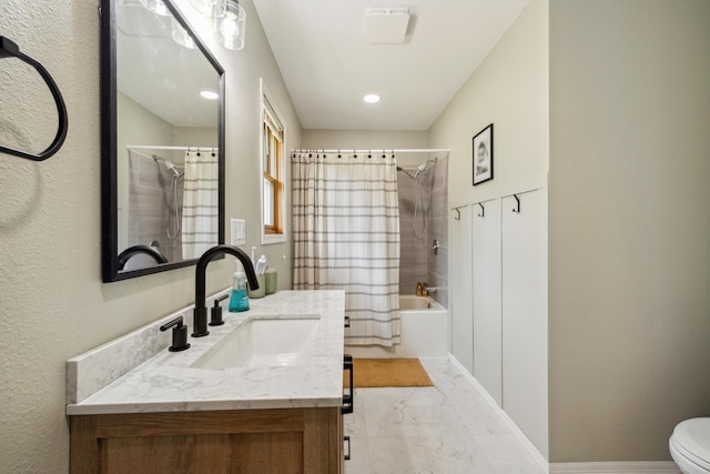 17561 Denkbar Loop, Park Rapids, MN 56470 - full bath with marble look tiles, vanity, and shower / bathtub combination with curtain