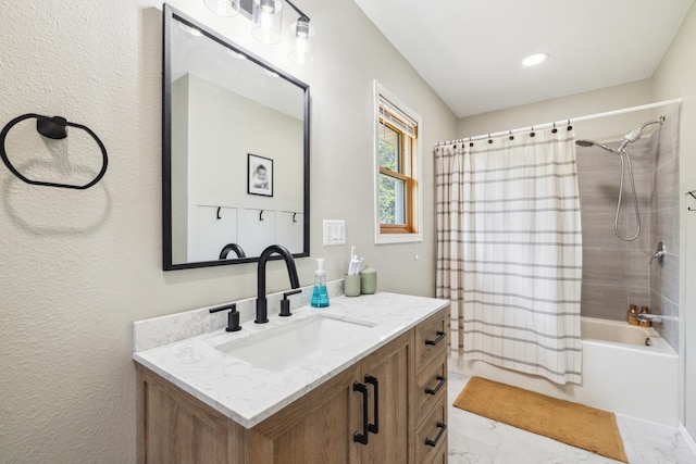 17561 Denkbar Loop, Park Rapids, MN 56470 - full bathroom featuring marble look tiles, vanity, and shower / bathtub combination with curtain