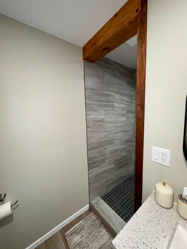 17561 Denkbar Loop, Park Rapids, MN 56470 - bathroom featuring a tile shower, wood finished floors, and vanity