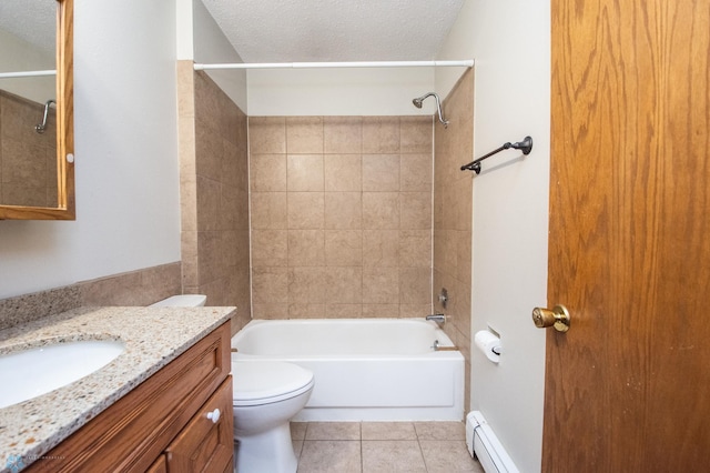 2417 Demores Dr S Unit 2, Fargo, ND 58103 - bathroom featuring a baseboard heating unit, vanity, shower / bathtub combination, tile patterned floors, and a textured ceiling