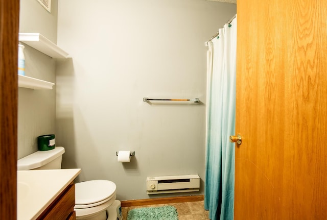 5724 4th St NE, Fridley, MN 55432 - full bathroom with a baseboard heating unit, vanity, curtained shower, and tile patterned floors