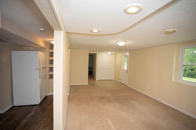 29930 Nathan Ct, Lindstrom, MN 55045 - below grade area with freestanding refrigerator, carpet flooring, and a textured ceiling