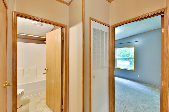 15340 County 4, Osakis, MN 56360 - hallway featuring a heating unit, a textured ceiling, and carpet flooring