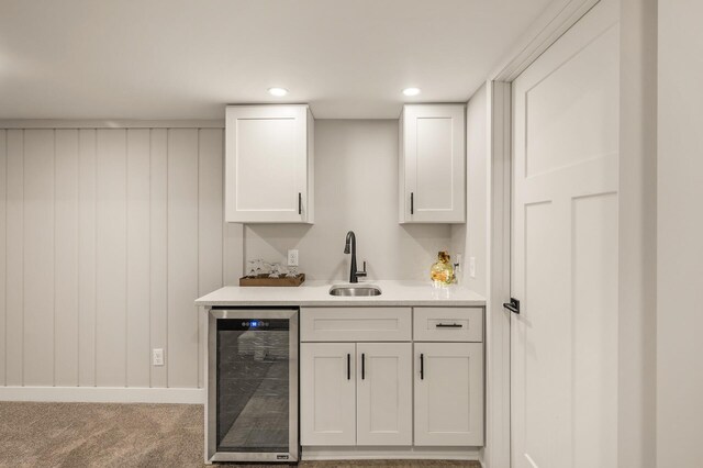 5644 Upton Ave S, Minneapolis, MN 55410 - indoor wet bar featuring wine cooler, carpet flooring, and recessed lighting