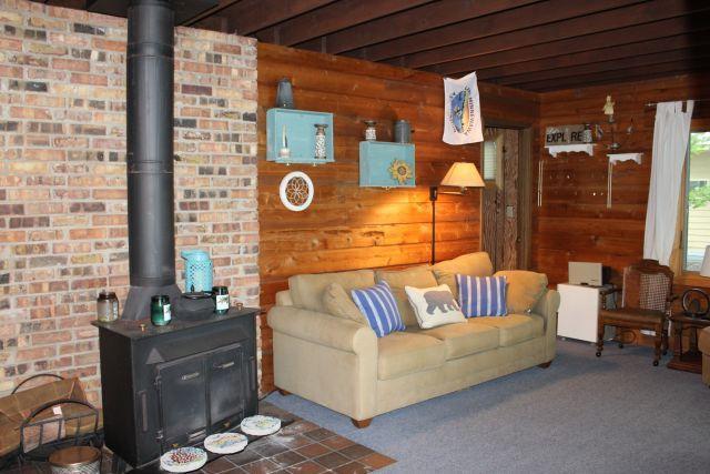47393 209th Pl, Mcgregor, MN 55760 - living area with a wood stove, wooden walls, and carpet