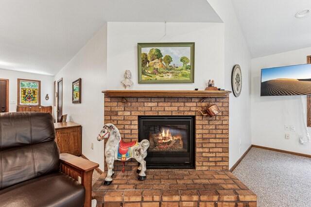 3703 Beard Ave N, Robbinsdale, MN 55422 - carpeted living area with lofted ceiling and a fireplace