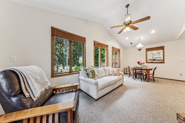 3703 Beard Ave N, Robbinsdale, MN 55422 - living room with vaulted ceiling, a ceiling fan, carpet, and recessed lighting