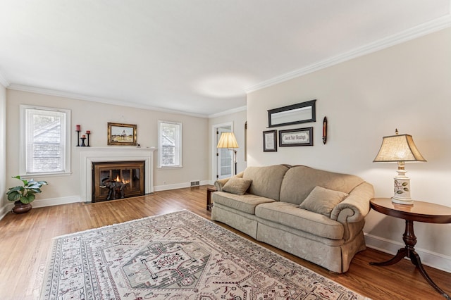 3703 Beard Ave N, Robbinsdale, MN 55422 - living area with ornamental molding, wood finished floors, and a fireplace with flush hearth