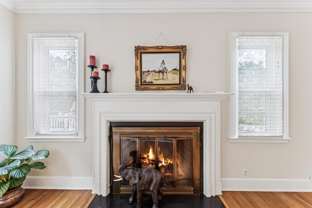 3703 Beard Ave N, Robbinsdale, MN 55422 - detailed view of wood finished floors, a fireplace with flush hearth, and crown molding