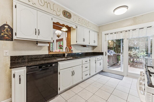 3703 Beard Ave N, Robbinsdale, MN 55422 - kitchen featuring dishwasher, crown molding, white cabinets, light tile patterned floors, and dark stone countertops