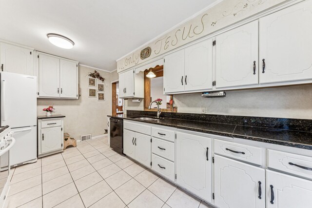 3703 Beard Ave N, Robbinsdale, MN 55422 - kitchen featuring freestanding refrigerator, dishwasher, white cabinetry, light tile patterned floors, and crown molding