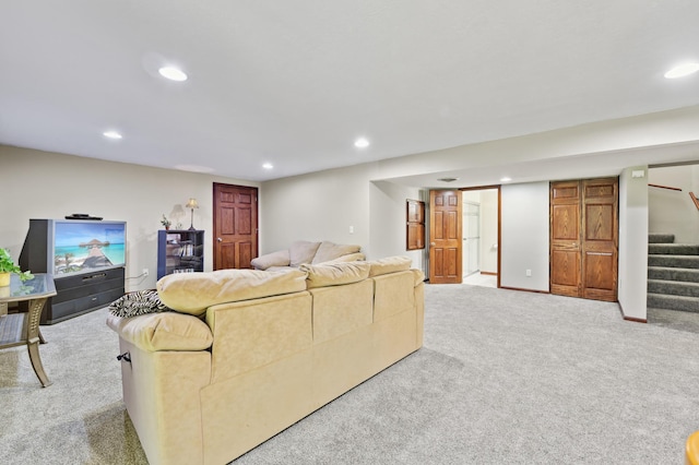 1398 Summit Cir W, Saint Paul, MN 55118 - carpeted living room featuring stairway and recessed lighting