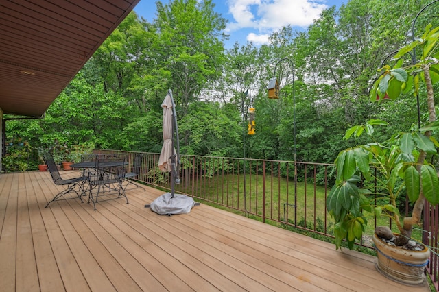 1398 Summit Cir W, Saint Paul, MN 55118 - deck featuring a lawn, outdoor dining area, and view of wooded area