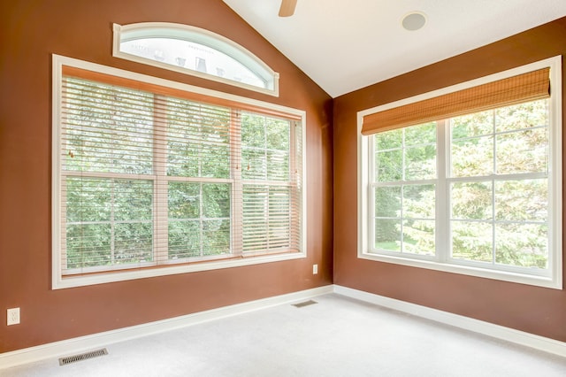 10725 Toledo Ln N, Brooklyn Park, MN 55443 - spare room featuring lofted ceiling, carpet flooring, and a ceiling fan