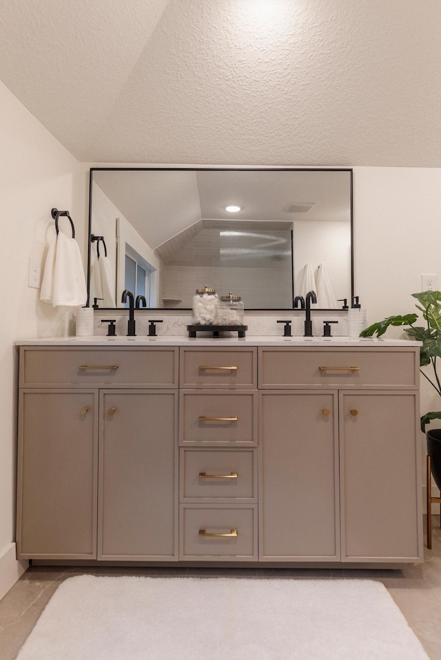 212 Diamond Lake Rd, Minneapolis, MN 55419 - bathroom featuring double vanity and vaulted ceiling
