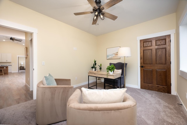 office featuring a ceiling fan and carpet flooring