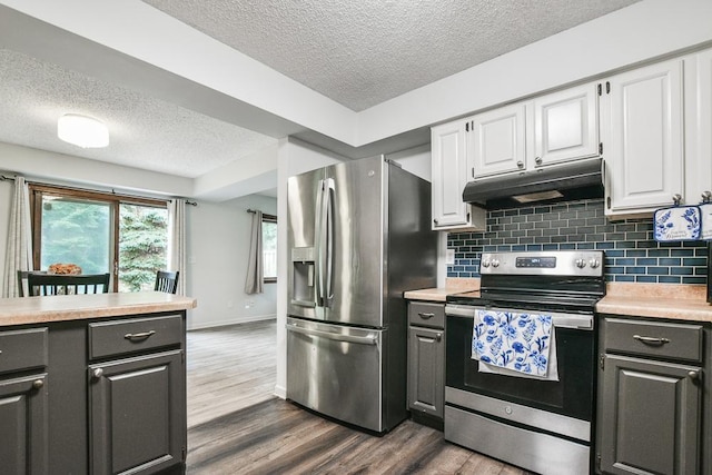 7097 Robinwood Bay, Woodbury, MN 55125 - kitchen with under cabinet range hood, stainless steel appliances, a textured ceiling, light countertops, and white cabinetry