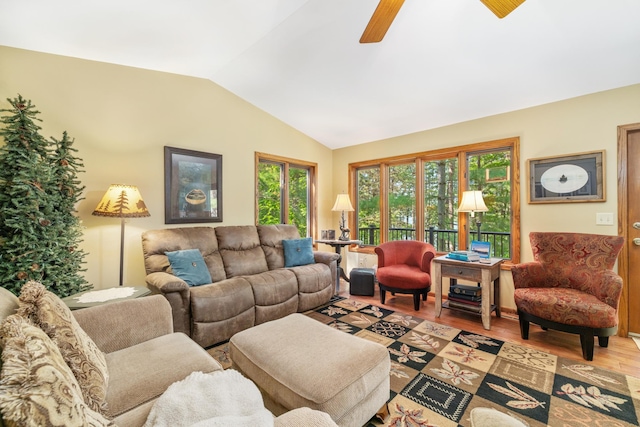 23148 Glenhaven Dr, Nevis, MN 56467 - living room with vaulted ceiling, wood finished floors, and ceiling fan