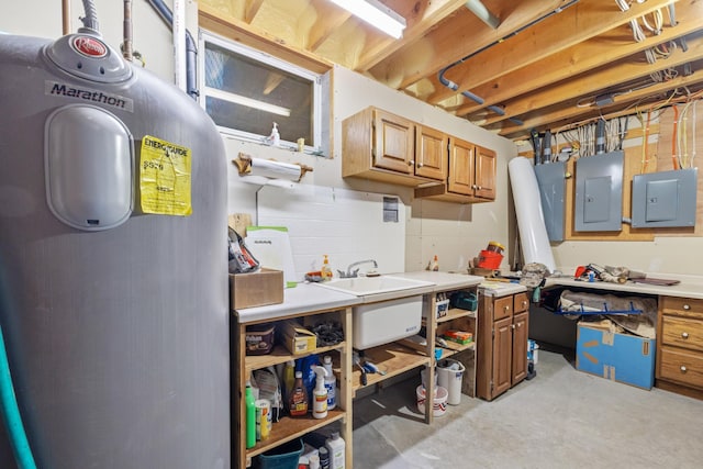 23148 Glenhaven Dr, Nevis, MN 56467 - kitchen with electric panel, water heater, concrete flooring, and light countertops