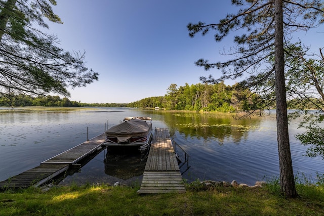 23148 Glenhaven Dr, Nevis, MN 56467 - dock area with a water view, boat lift, and a view of trees