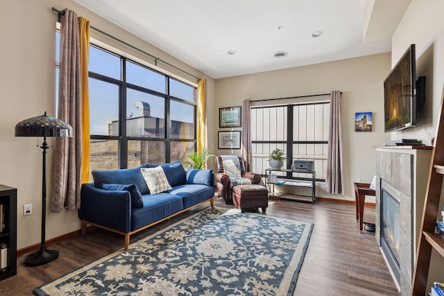 270 4th St E Unit 509, Saint Paul, MN 55101 - living room featuring a glass covered fireplace and wood finished floors