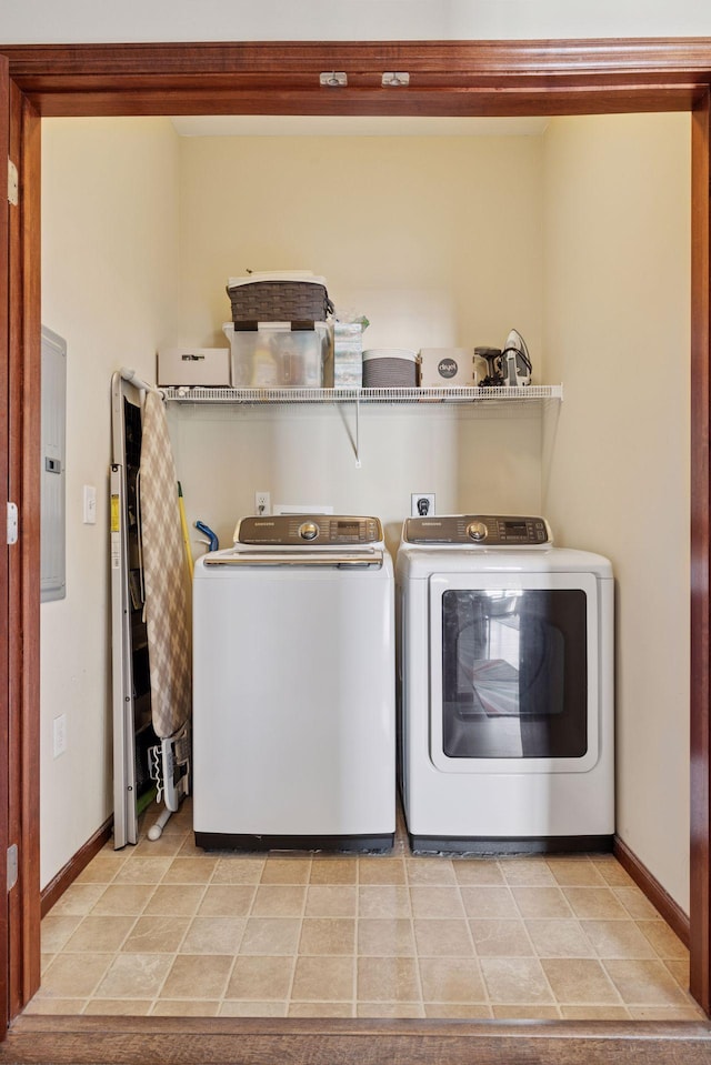 270 4th St E Unit 509, Saint Paul, MN 55101 - laundry area featuring washer and clothes dryer, electric panel, and tile patterned flooring