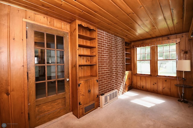 1321 4th St N, Fargo, ND 58102 - unfurnished room with wooden walls, carpet floors, wooden ceiling, and brick wall