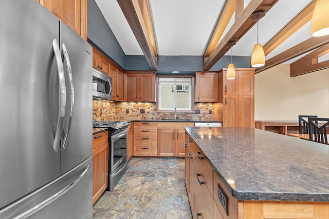 1803 Hubbard Ave, Saint Paul, MN 55104 - kitchen with stainless steel appliances, stone finish flooring, decorative backsplash, beam ceiling, and pendant lighting