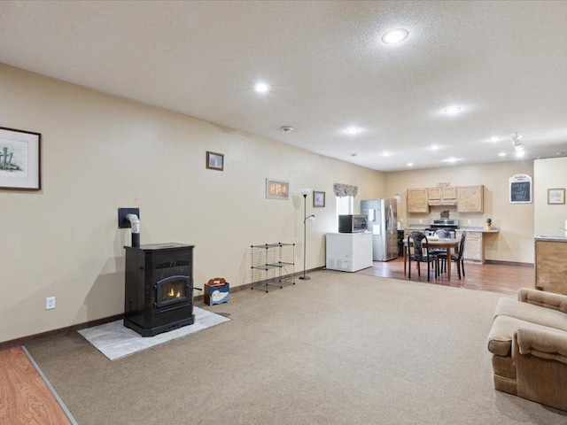 25935 310th St, Sebeka, MN 56477 - living area with a wood stove, recessed lighting, light wood-style floors, and light carpet