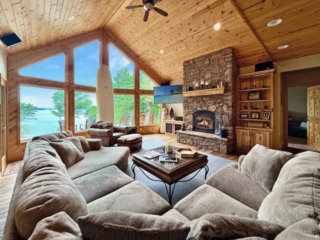 49512 202nd Pl, Shamrock Twp, MN 55760 - living room with wood-type flooring, high vaulted ceiling, ceiling fan, wood ceiling, and recessed lighting