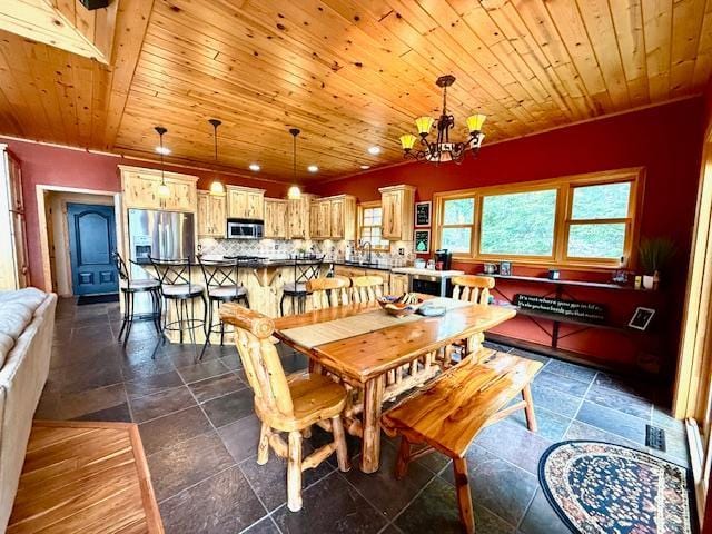 49512 202nd Pl, Shamrock Twp, MN 55760 - dining area featuring a chandelier and wood ceiling