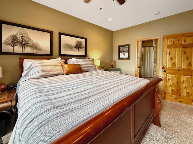 49512 202nd Pl, Shamrock Twp, MN 55760 - bedroom with light colored carpet, a ceiling fan, and recessed lighting