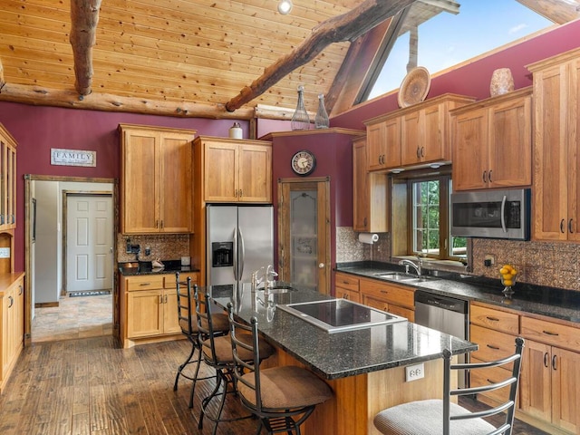 2406 Augusta Rd, Fair Haven Twp, MN 55382 - kitchen featuring stainless steel appliances, dark wood-type flooring, a kitchen breakfast bar, wooden ceiling, and tasteful backsplash