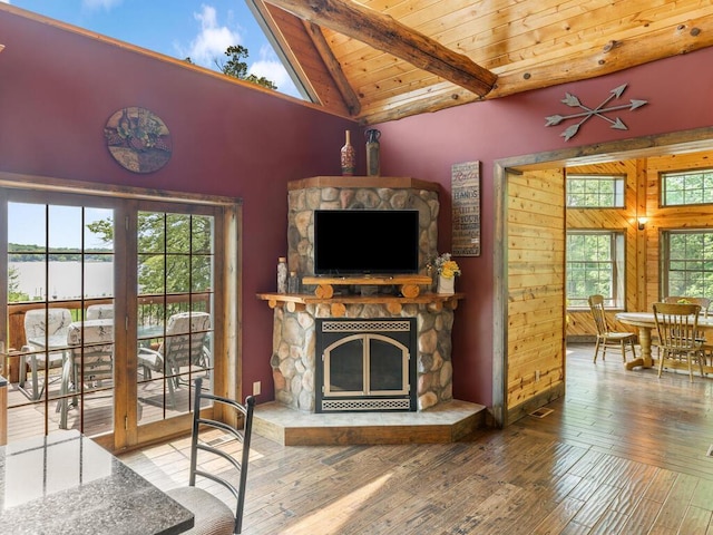 2406 Augusta Rd, Fair Haven Twp, MN 55382 - living area with a wooden ceiling with exposed beams, a stone fireplace, wood-type flooring, high vaulted ceiling, and wood walls
