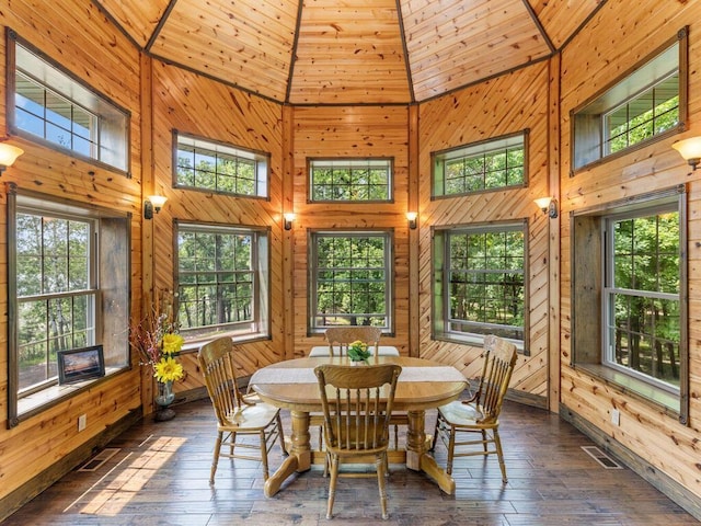 2406 Augusta Rd, Fair Haven Twp, MN 55382 - dining space featuring high vaulted ceiling, wooden walls, plenty of natural light, and dark wood-style floors