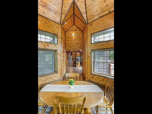 2406 Augusta Rd, Fair Haven Twp, MN 55382 - dining space featuring wooden walls and a high ceiling