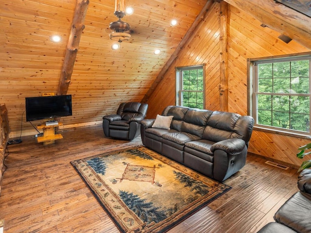 2406 Augusta Rd, Fair Haven Twp, MN 55382 - living area with wooden walls, wood-type flooring, and wooden ceiling