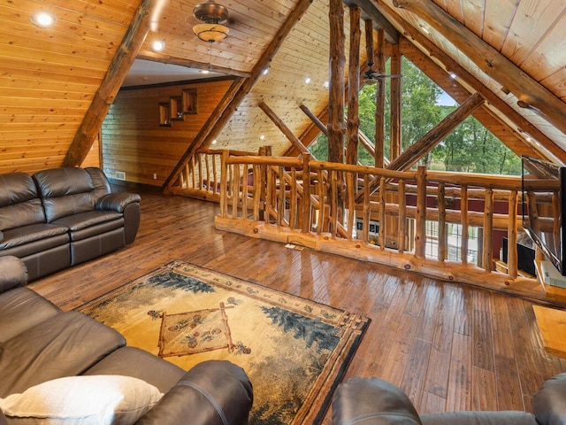 2406 Augusta Rd, Fair Haven Twp, MN 55382 - living room with a wood ceiling with exposed beams, hardwood / wood-style flooring, wood walls, and high vaulted ceiling