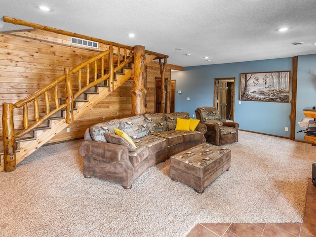 2406 Augusta Rd, Fair Haven Twp, MN 55382 - living room with carpet, stairway, wood walls, a textured ceiling, and recessed lighting