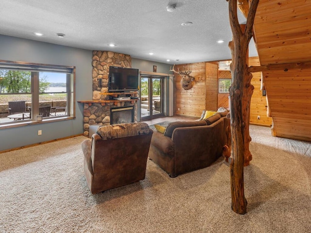 2406 Augusta Rd, Fair Haven Twp, MN 55382 - carpeted living room with healthy amount of natural light, recessed lighting, a stone fireplace, a textured ceiling, and wood walls