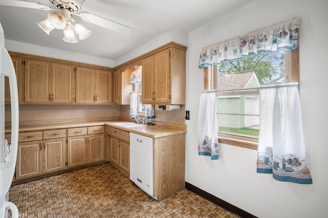 1306 Ryan Ave W, Roseville, MN 55113 - kitchen featuring white appliances, light countertops, a ceiling fan, and light flooring