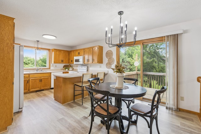 11817 51st St NE, Albertville, MN 55301 - dining area featuring light wood finished floors, a textured ceiling, and a chandelier