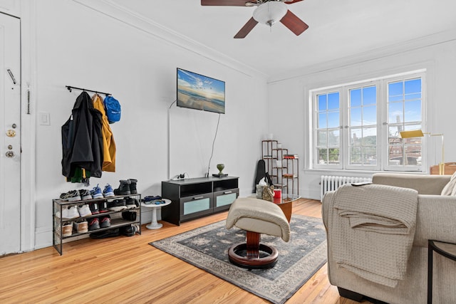 1820 1st Ave S Unit 208, Minneapolis, MN 55403 - living area with crown molding, radiator heating unit, ceiling fan, and wood finished floors