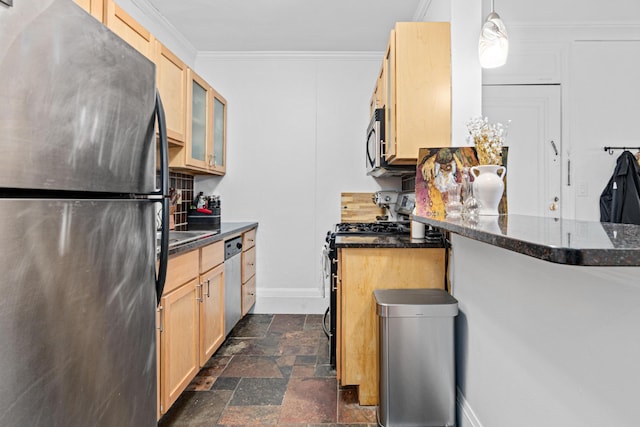 1820 1st Ave S Unit 208, Minneapolis, MN 55403 - kitchen with appliances with stainless steel finishes, dark stone finish flooring, glass insert cabinets, ornamental molding, and light brown cabinets